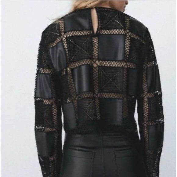 Zara Top Womens Medium Black Vegan Leather Crochet Patchwork Whimsigoth Punk - Picture 6 of 8